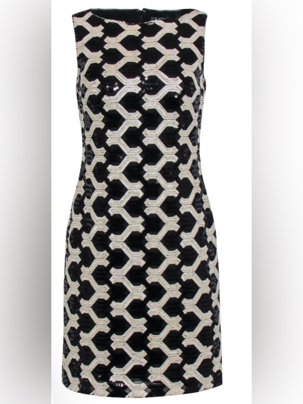 Ralph Lauren Black and White Strapless Geometric Sequin Dress